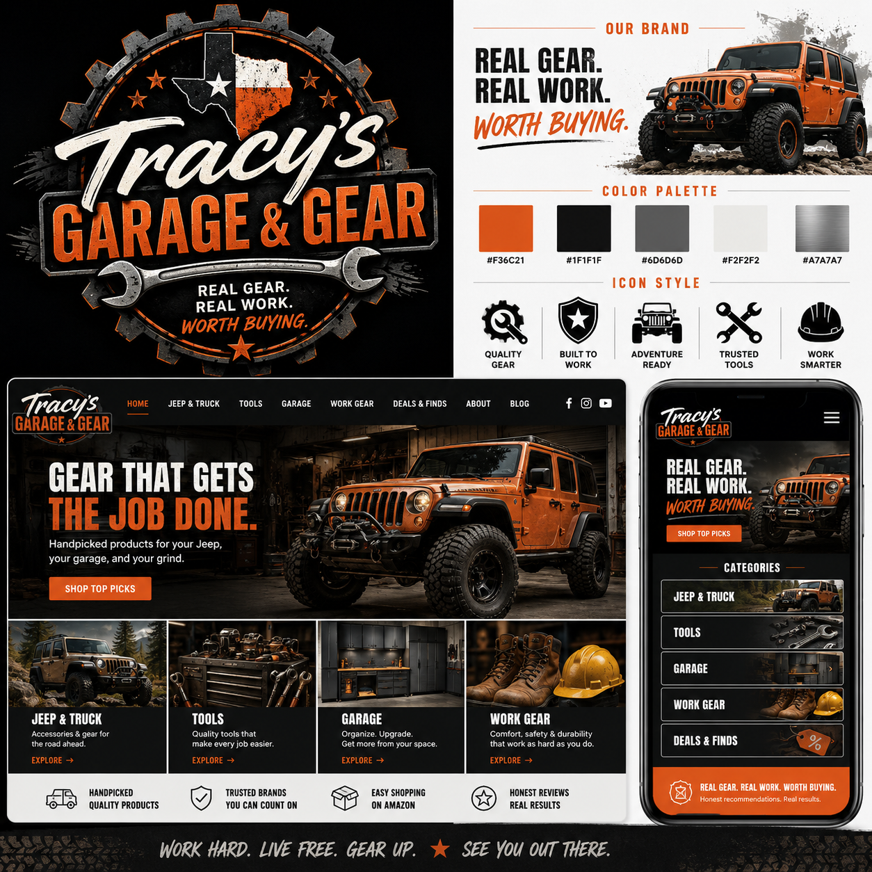 Tracy's Garage & Gear brand and website concept